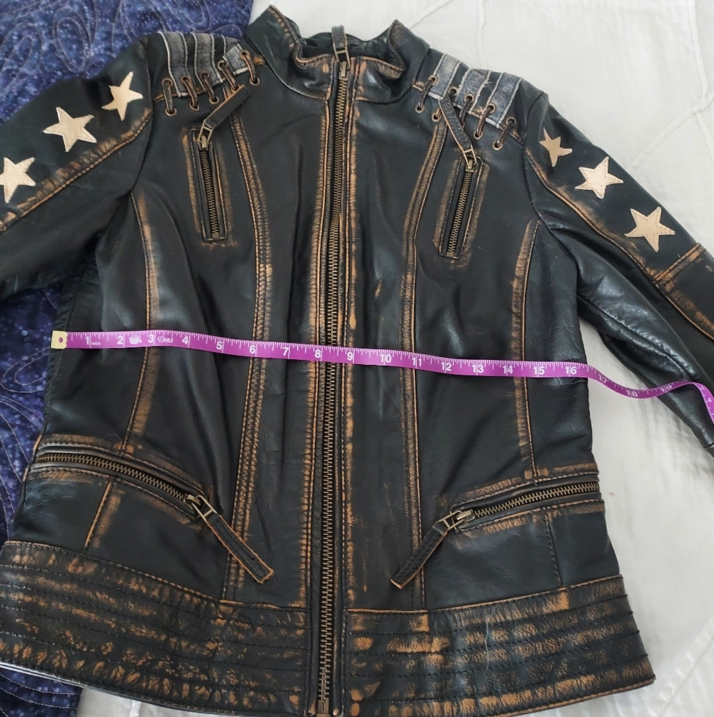 Black Rivet (Wilsons Leather) Distressed Leather Jacket with Star Details, S - Picture 14 of 16